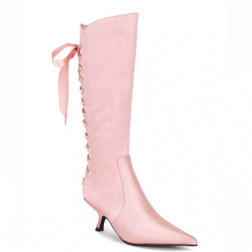 Jeffery Campbell Leggy Boot in Pink Satin Lace Up Corset Revolve Size 8.5 - Picture 3 of 14